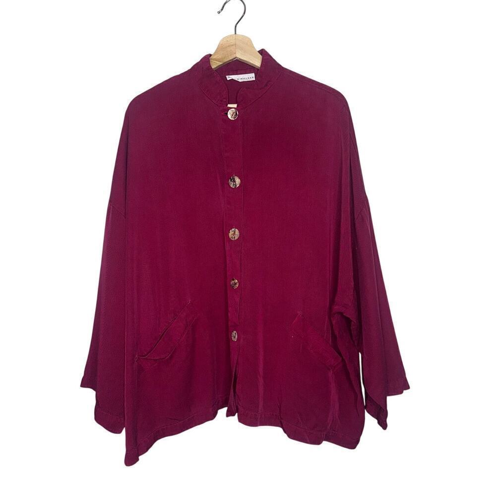 Bryn Walker Long Sleeve Button Up Blouse Dark Burgundy Size Medium Boxy Pockets